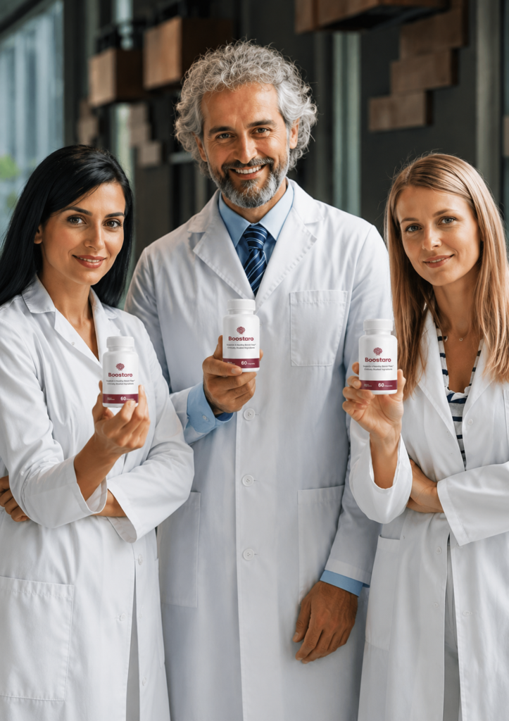 Three medical professionals wearing white laboratory coats holding authentic containers of Boostaro capsules.