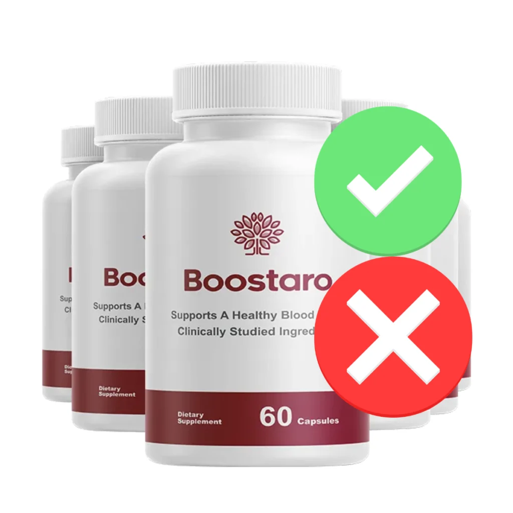 Comparison visual featuring a green checkmark on genuine Boostaro bottles and a red X on unauthorized copycats.