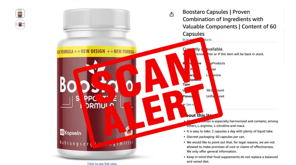 Urgent red bold Scam Alert stamp overlaying an unverified third-party listing layout of Boostaro.