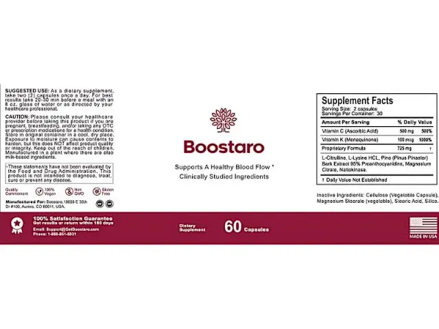 High-definition flat printable layout of the Boostaro bottle label detailing supplement facts and ingredients.