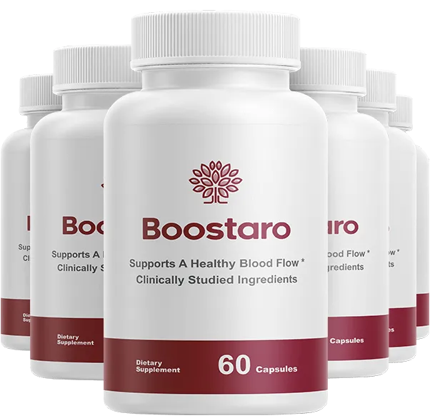 Six containers arrangement of white Boostaro blood flow support bottles standing together as a complete 180-day routine supply.
