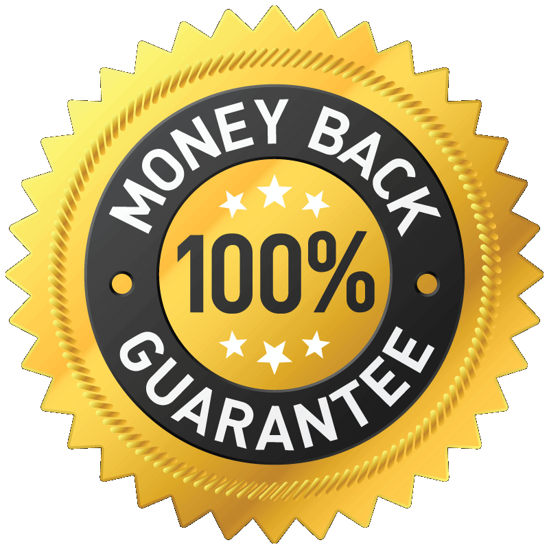 Jagged gold circular stamp displaying a 100 percent Money Back Guarantee text for secure online shopping protection.