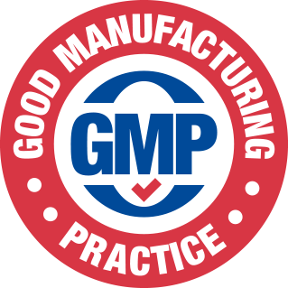 Good Manufacturing Practice red and white circular emblem representing certified facility purity and product safety compliance.