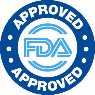 FDA Approved laboratory facility blue circular badge indicating regulatory compliance and premium quality control.