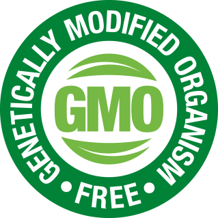 Genetically Modified Organism green circular icon certifying 100 percent Non-GMO natural ingredients for cardiovascular health.